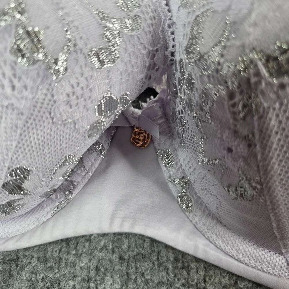 Victoria Secret Body By Victoria‎ Lined Demi Purple Bra Silver Lace Size 32DDD